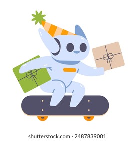 Cute robot with gifts riding skateboard. Birthday character vector illustration