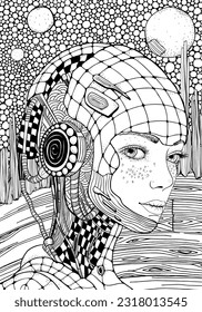 Robótica linda. Astronauta. Fondo Zentangle. Página de libros de colorantes de doodles en blanco y negro para adultos y niños.