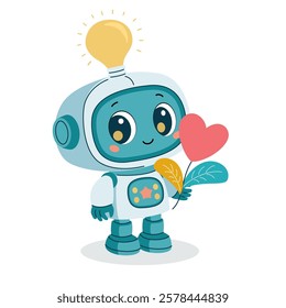 A cute robot with a glowing light bulb, holding a heart-shaped flower in a modern flat style, symbolizing innovation, kindness, and technology with a human touch.