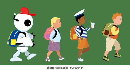 Cute robot going to school together with little kids, EPS 8 vector illustration