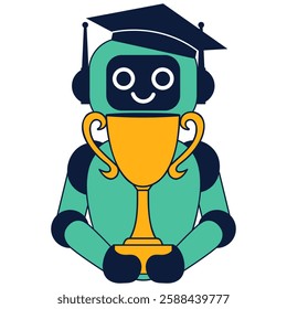 Cute robot in graduation cap presents cup