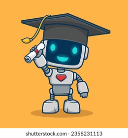 Cute robot with graduation hat with diploma, vector cartoon illustration