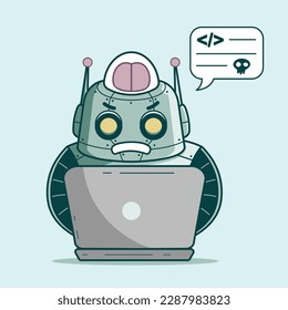 Rutsche Roboterhackung mit Laptop und Sprechblase. Vektorgrafik-Illustration.