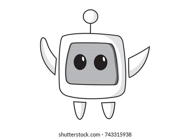 Cute Robot with hands raised up. Vector Illustration. Isolated on white background.