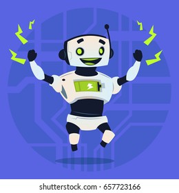 Cute Robot Happy Smiling Full Battery Charge Modern Artificial Intelligence Technology Concept Flat Vector Illustration