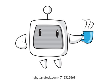 Cute Robot having a cup of coffee. Vector Illustration. Isolated on white background.
