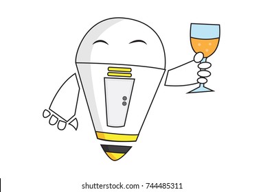 Cute Robot having a drink. vector Illustration. Isolated on white background.