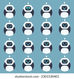 Cute robot head avatar set. Chat bot emoticon with different faces. for sticker graphic design poster.