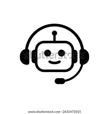 Cute robot head with headphones, mic, and smile in simple icon style