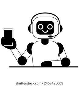 Cute robot in headphones showing mobile phone, smartphone. 