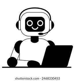 Netter Roboter in Kopfhörern arbeitet am Computer