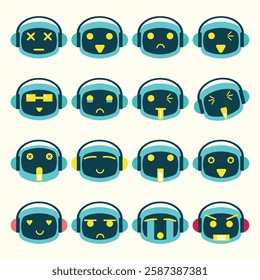 a cute robot with a headset emoticon set for a design element or coloring book element