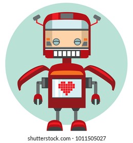 Cute robot with heart. Transformer  in love. Emotion character. Technology, future. Cartoon flat vector illustration