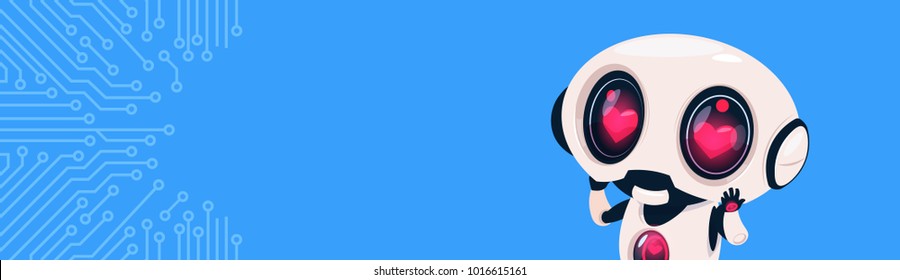 Cute Robot With Hearts In Eyes Over Circuit Horizontal Bannner With Copy Space Flat Vector Illustration