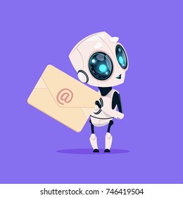 Cute Robot Hold Envelope Mail Notification Isolated Icon On Blue Background Modern Technology Artificial Intelligence Concept Flat Vector Illustration