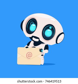 Cute Robot Hold Envelope Mail Notification Isolated Icon On Blue Background Modern Technology Artificial Intelligence Concept Flat Vector Illustration