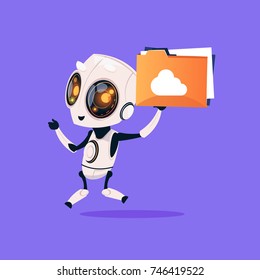 Cute Robot Hold Folder With Cloud Isolated Icon On Blue Background Modern Technology Artificial Intelligence Concept Flat Vector Illustration