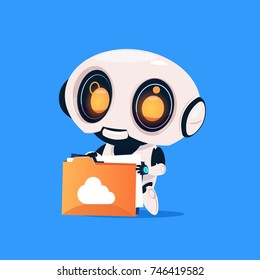 Cute Robot Hold Folder With Cloud Isolated Icon On Blue Background Modern Technology Artificial Intelligence Concept Flat Vector Illustration