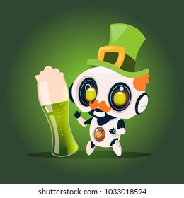 Cute Robot Hold Glass Of Beer Over Green Background St. Patricks Day Celebration Concept Flat Vector Illustration