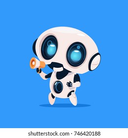 Cute Robot Hold Megaphone Isolated Icon On Blue Background Modern Technology Artificial Intelligence Concept Flat Vector Illustration