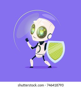 Cute Robot Hold Shield Data Protection Technology Isolated Icon On Blue Background Modern Artificial Intelligence Concept Flat Vector Illustration