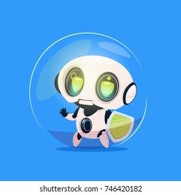 Cute Robot Hold Shield Data Protection Technology Isolated Icon On Blue Background Modern Artificial Intelligence Concept Flat Vector Illustration