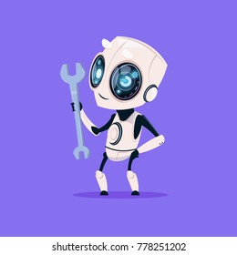 Cute Robot Hold Wrench Isolated Icon On Blue Background Modern Technology Artificial Intelligence Concept Flat Vector Illustration