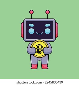 cute robot holding bitcoin cartoon mascot doodle art hand drawn outline concept vector kawaii icon illustration