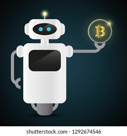 cute robot holding a bitcoin in his hand vector illustration EPS10