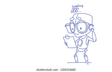 Cute robot holding clipboard loading process modern technology artificial intelligence concept sketch doodle horizontal vector illustration