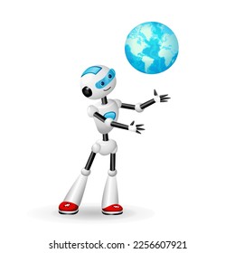 Cute Robot holding Earth Globe in its hands. Futuristic Artificial Intelligence technology save planet concept. Vector illustration isolated on white background. For print, web, app, infographics 