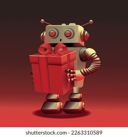 Cute robot holding gift box, full length view on red background, delivery bot christmas concept. Vector illustration with copy space