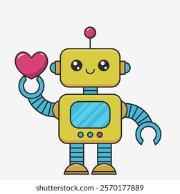 Cute robot holding heart. Vector illustration