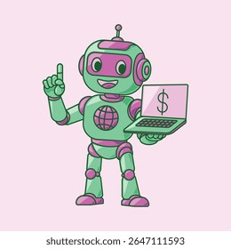 Robô bonito segurando laptop com sinal de dólar - Estilo de Desenho Animado Ilustração de AI de Negócios para Finanças, Tecnologia e Automação
