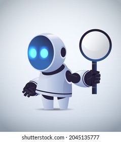 cute robot holding magnifying glass data search artificial intelligence concept