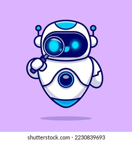 Cute Robot Holding Magnifying Glass Cartoon Vector Icon Illustration. Science Technology Icon Concept Isolated Premium Vector. Flat Cartoon Style