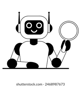 Cute robot is holding a magnifying glass