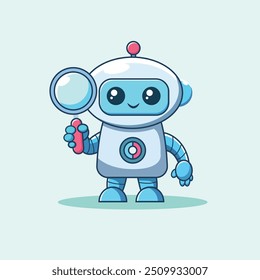 Cute Robot Holding Magnifying Glass Cartoon Vector Icon Illustration. Science Technology Icon Concept Isolated Premium Vector. Flat Cartoon Style