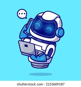 Cute Robot Holding Phone With Laptop Cartoon Vector Icon Illustration. Science Technology Icon Concept Isolated Premium Vector. Flat Cartoon Style