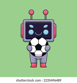 cute robot holding soccer ball cartoon mascot doodle art hand drawn concept vector kawaii icon illustration