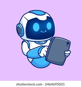 Cute Robot Holding Tablet Phone Cartoon Vector Icon Illustration. Science Technology Icon Concept Isolated Premium Vector. Flat Cartoon Style