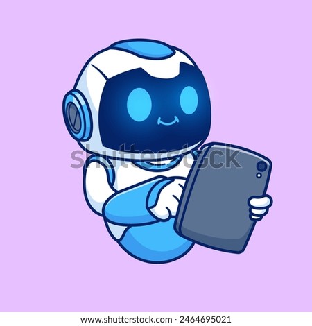 Cute Robot Holding Tablet Phone Cartoon Vector Icon Illustration. Science Technology Icon Concept Isolated Premium Vector. Flat Cartoon Style