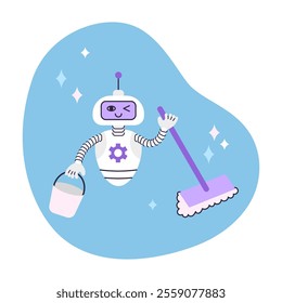 Cute Robot holds bucket and mop. Artificial intelligence robot assistant. Cleaning and smart home concept. Isolated vector illustration.