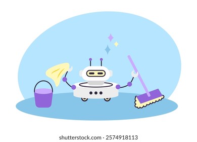 Cute Robot holds bucket and mop. Artificial intelligence robot assistant. Cleaning and smart home concept. Isolated vector illustration.