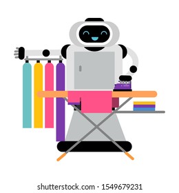 Cute robot home assistant is ironing things. Vector illustration.