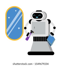 Cute robot home assistant near a brilliant mirror. Vector illustration.