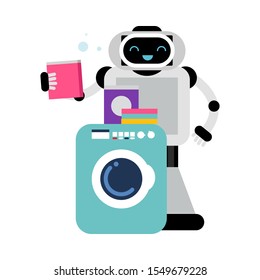 Cute robot home assistant stands near the washing machine. Vector illustration.