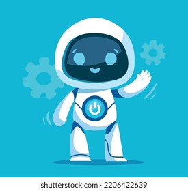 Cute robot icon. Character waves his hand in greeting. Gadget and device, modern technologies and digital world, artificial intelligence. Assistant, chat bot, helper. Cartoon flat vector illustration