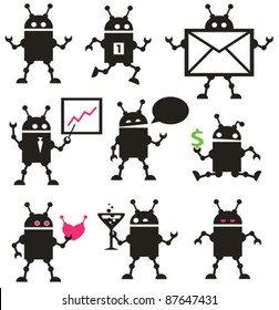 Cute robot icons black and white. Vector set.