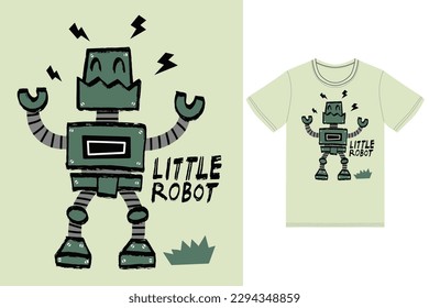 Cute robot illustration with tshirt design premium vector the Concept of Isolated Technology. Flat Cartoon Style Suitable for Landing Web Pages,T shirt, Flyers, Stickers